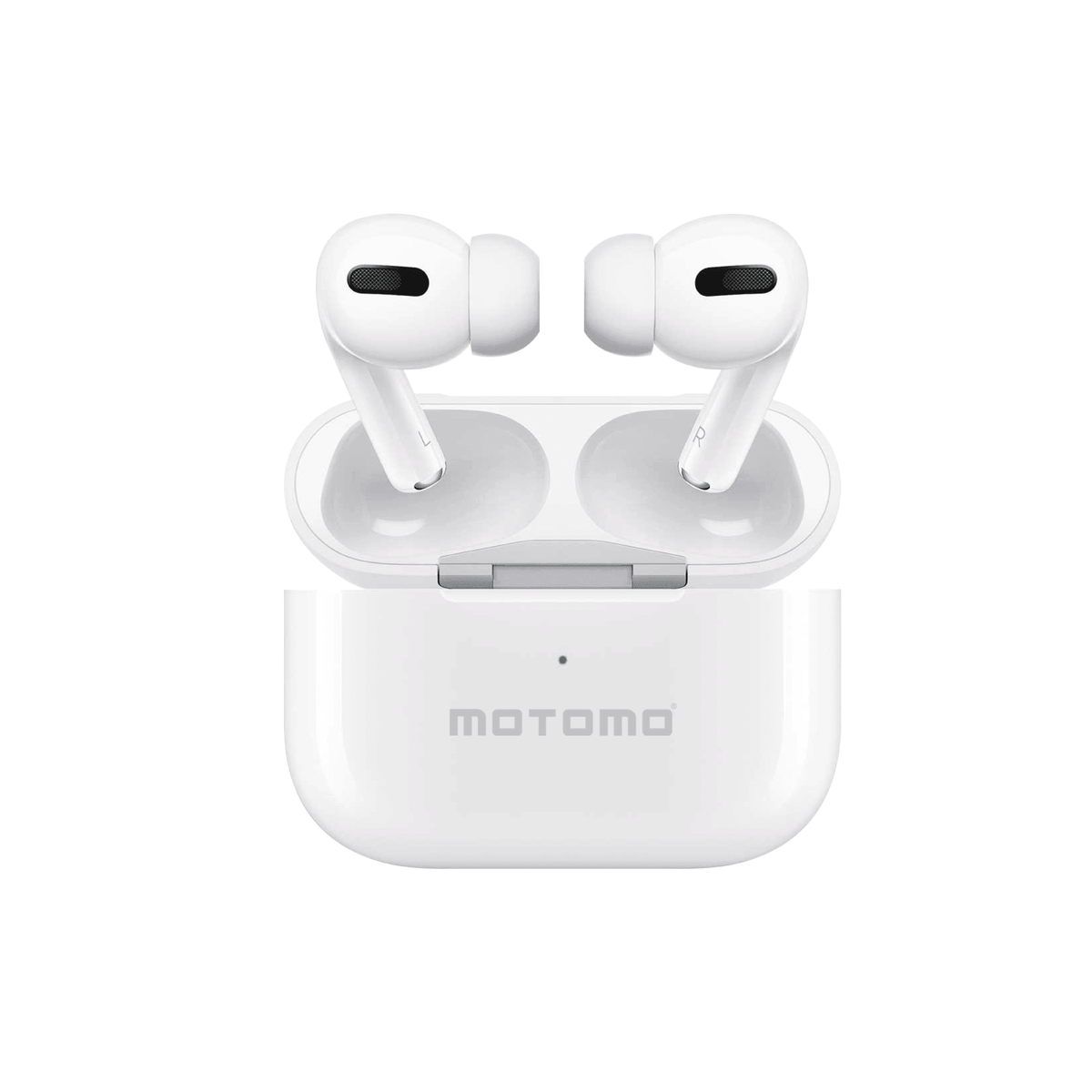Audífonos Motomo Air Pro blanco con estuche de carga abierto