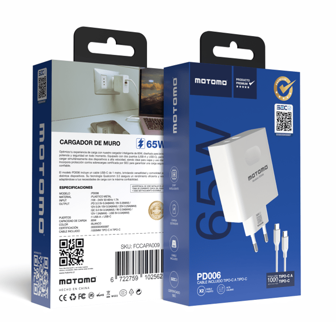 Pack Motomo Cable tipo C + Cargador 65w Blanco