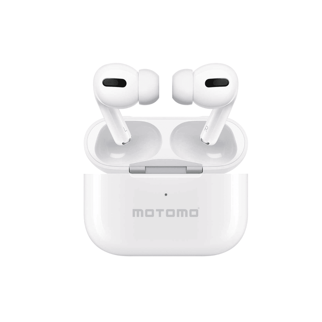 Audífonos Motomo Air Pro blanco con estuche de carga abierto